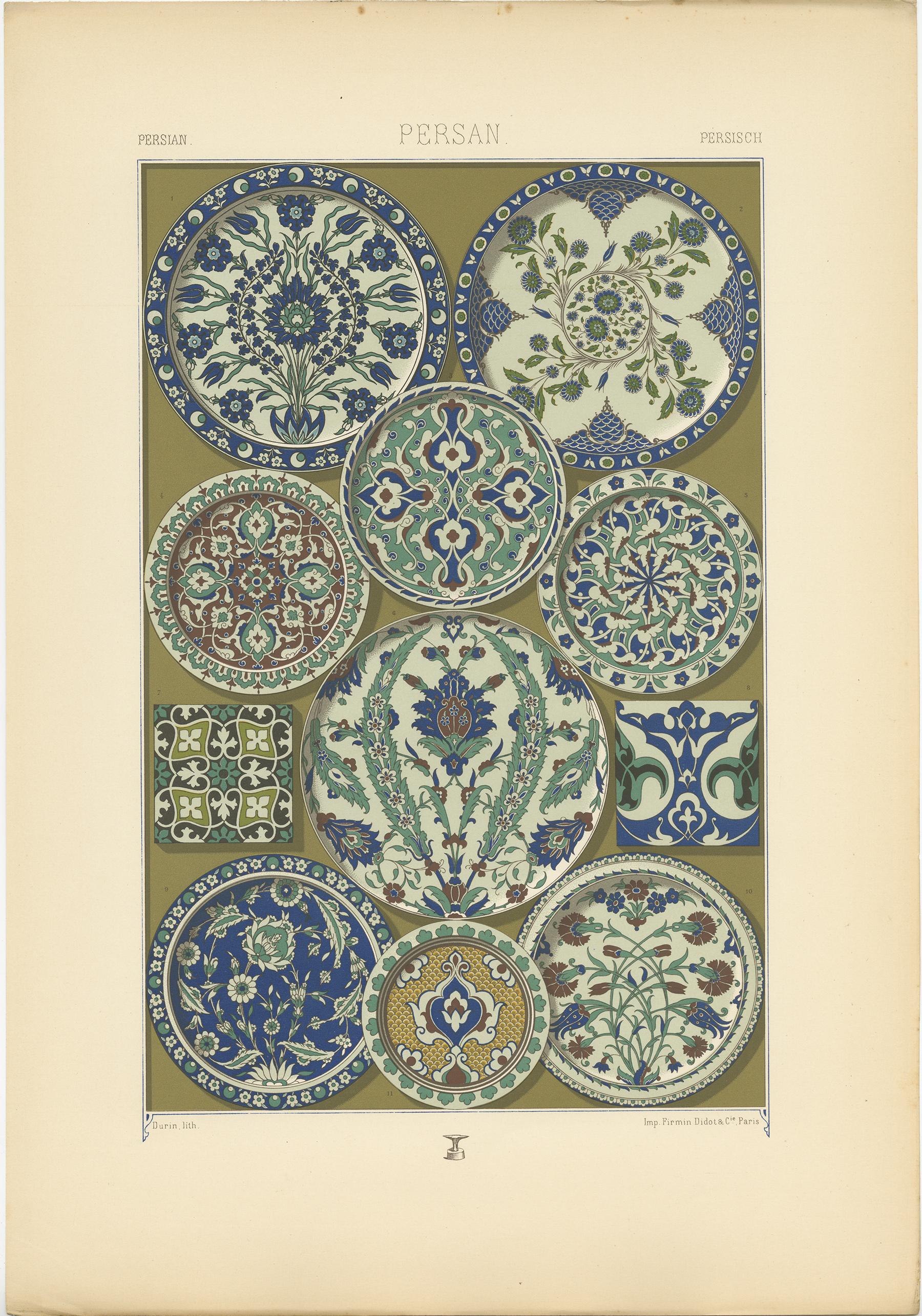 Antique print titled 'Persian - Persan - Persisch'. Chromolithograph of Enameled and glazed faience ceramics ornaments. This print originates from 'l'Ornement Polychrome' by Auguste Racinet. Published circa 1890.