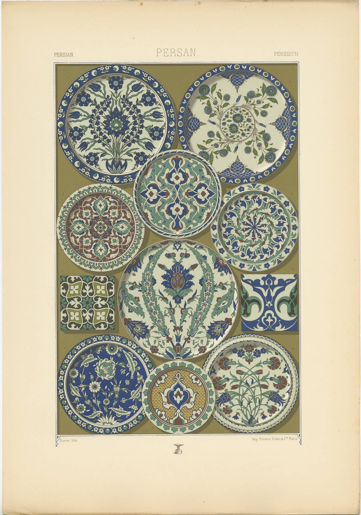 Pl. 32 Antique Print of Persian Enameled & Glazed Ceramics, Racinet 'circa 1890'