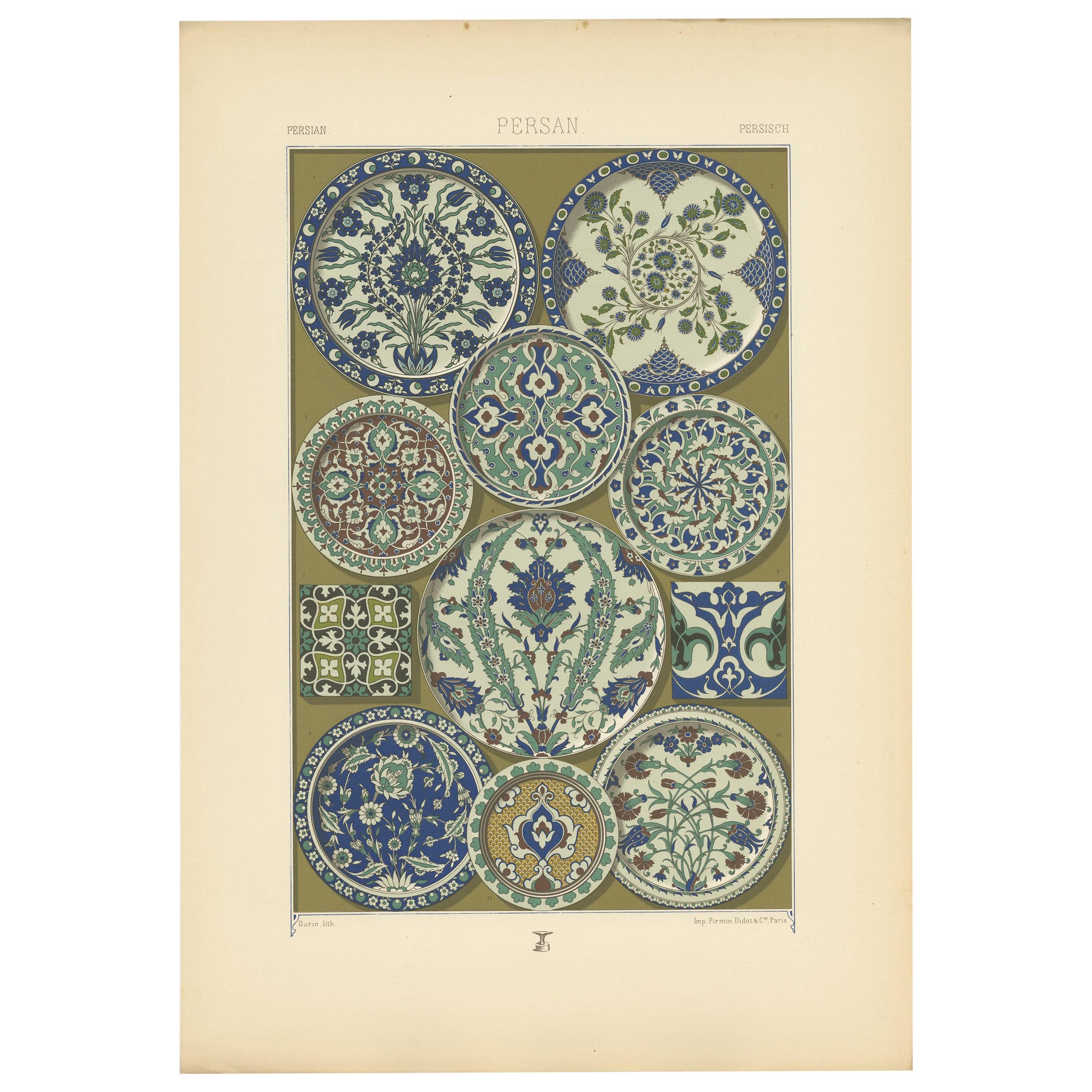 Pl. 32 Antique Print of Persian Enameled & Glazed Ceramics, Racinet 'circa 1890' For Sale