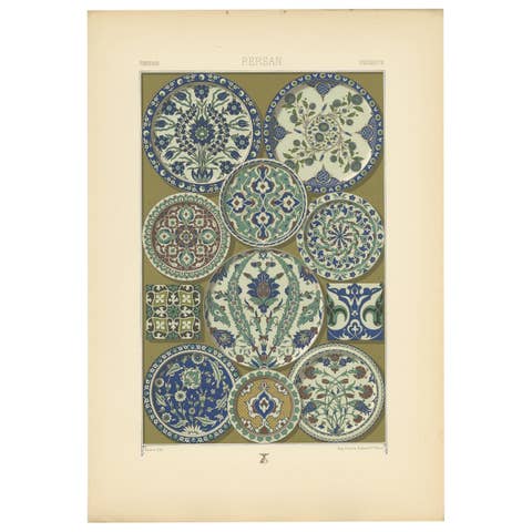 Pl. 32 Antique Print of Persian Enameled & Glazed Ceramics, Racinet 'circa 1890'