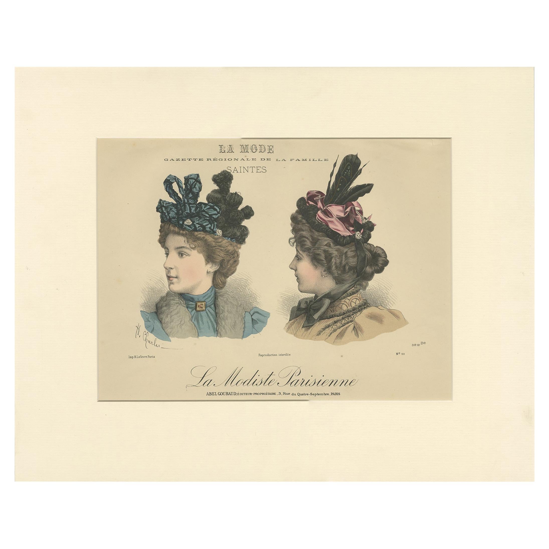 Pl. 3210 Antique Fashion Print of Ladies with Hats 'c.1895' For Sale