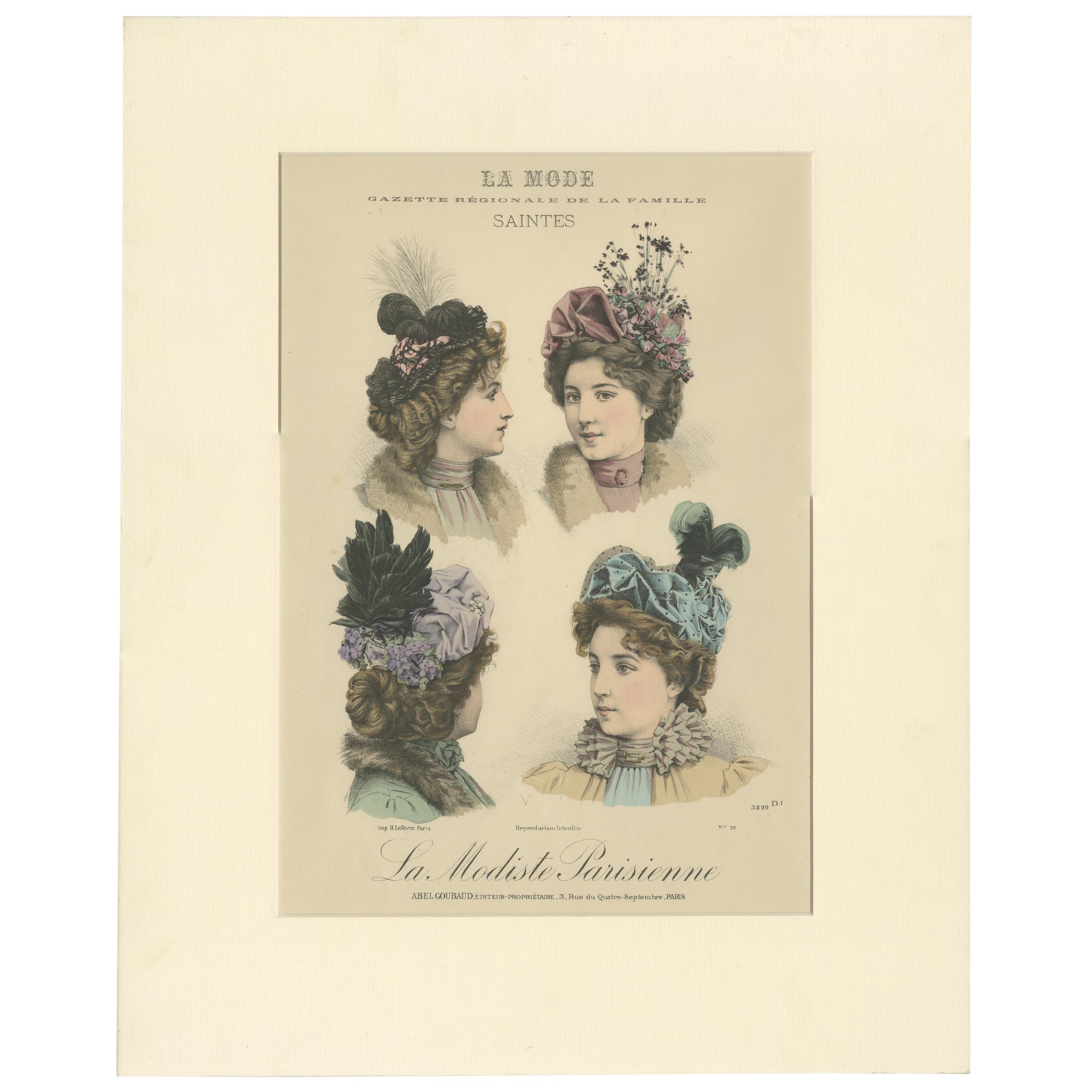 Pl. 3220 Antique Fashion Print of Ladies with Hats, 'C.1895' For Sale