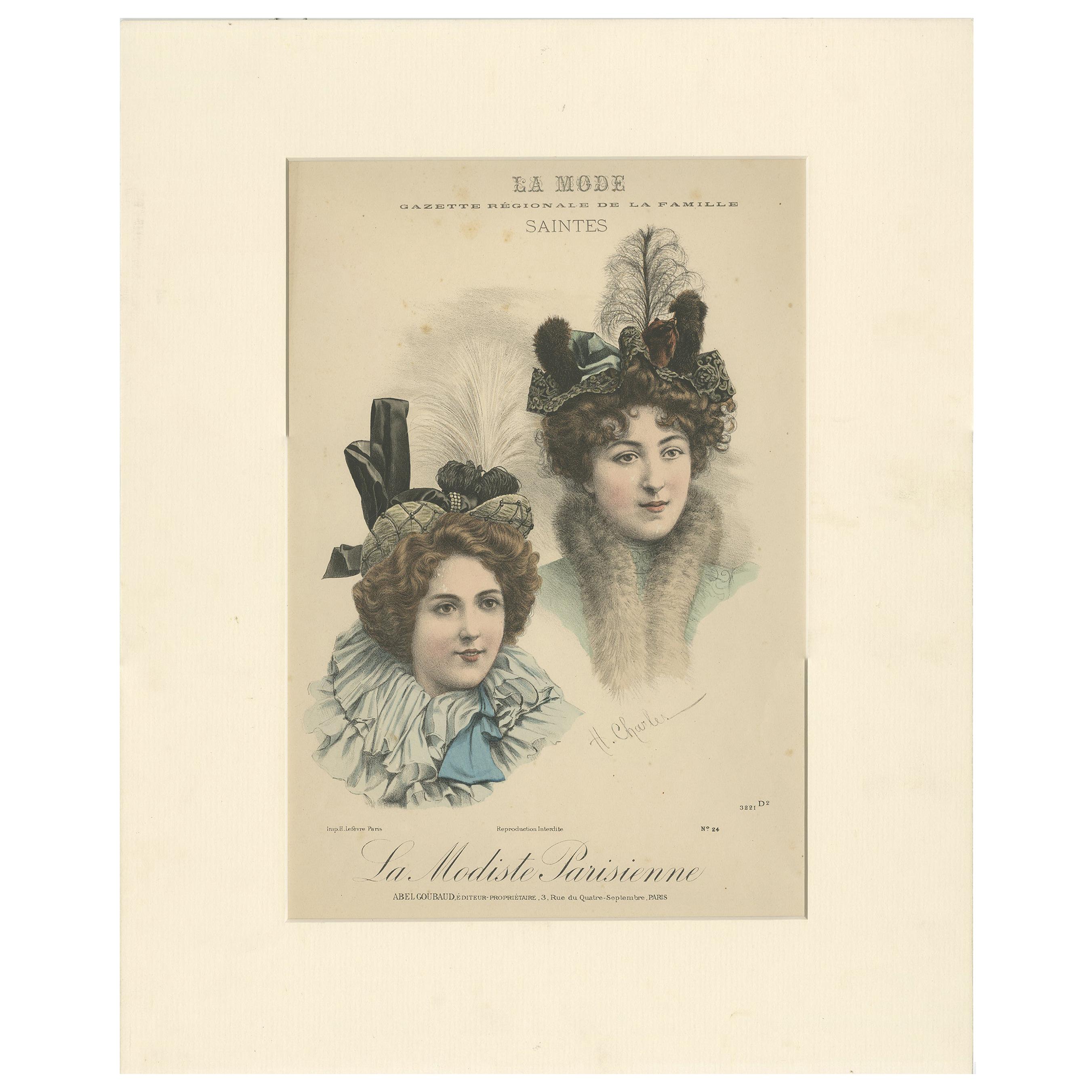 Pl. 3221 Antique Fashion Print of Ladies with Hats, 'c.1895' For Sale