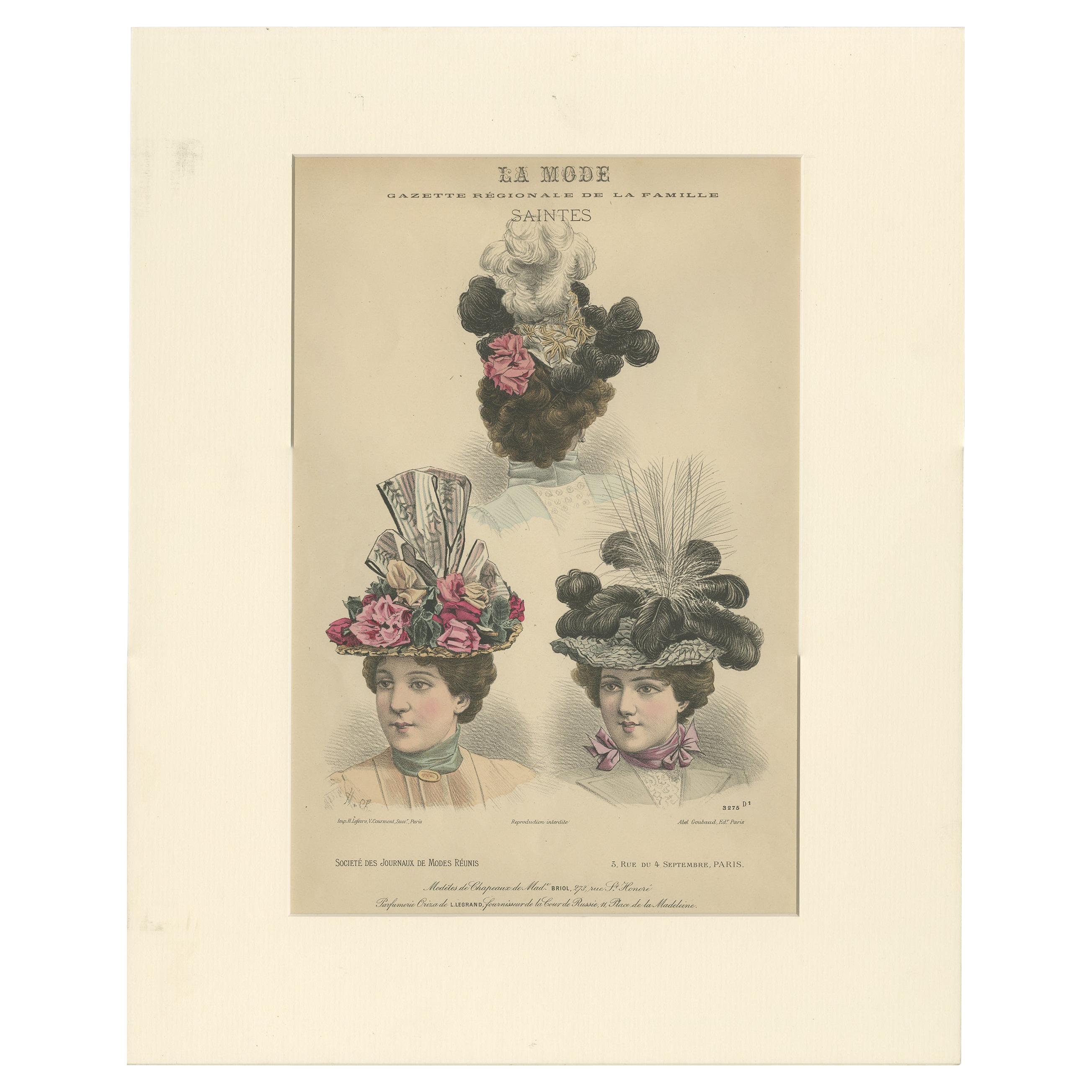 Pl. 3275 Antique Fashion Print of Ladies with Hats 'c.1895' For Sale
