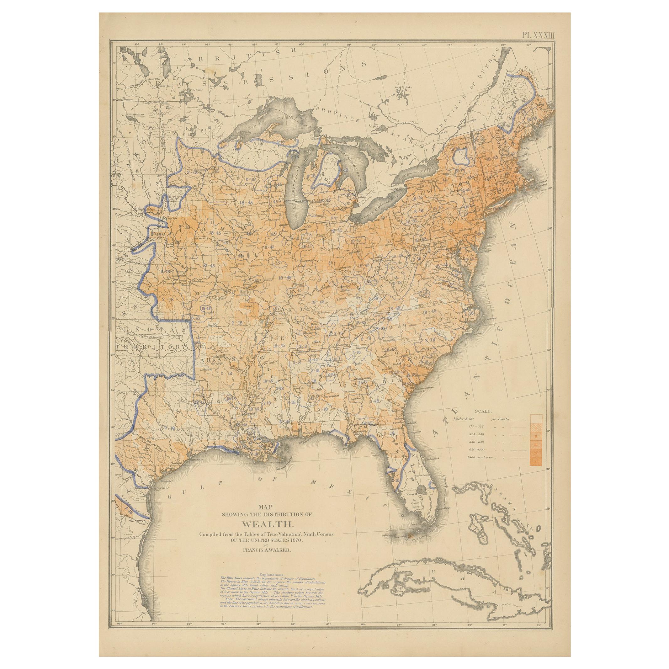 Pl. 33 Antique Chart of the US Wealth Distribution in 1870 '1874' For Sale