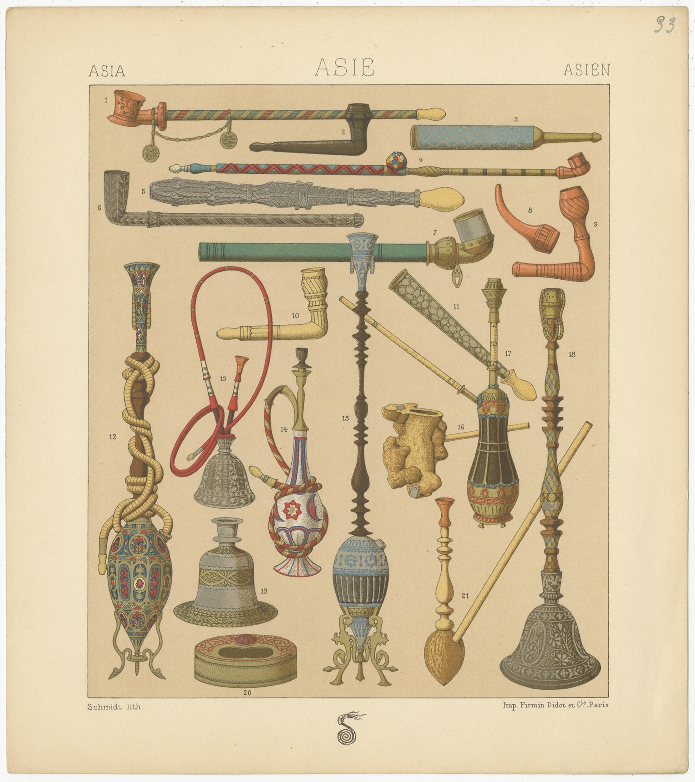 Antique print titled 'Asia - Asie - Asien'. Chromolithograph of Asian Smoking Pipes. This print originates from 'Le Costume Historique' by M.A. Racinet. Published, circa 1880.