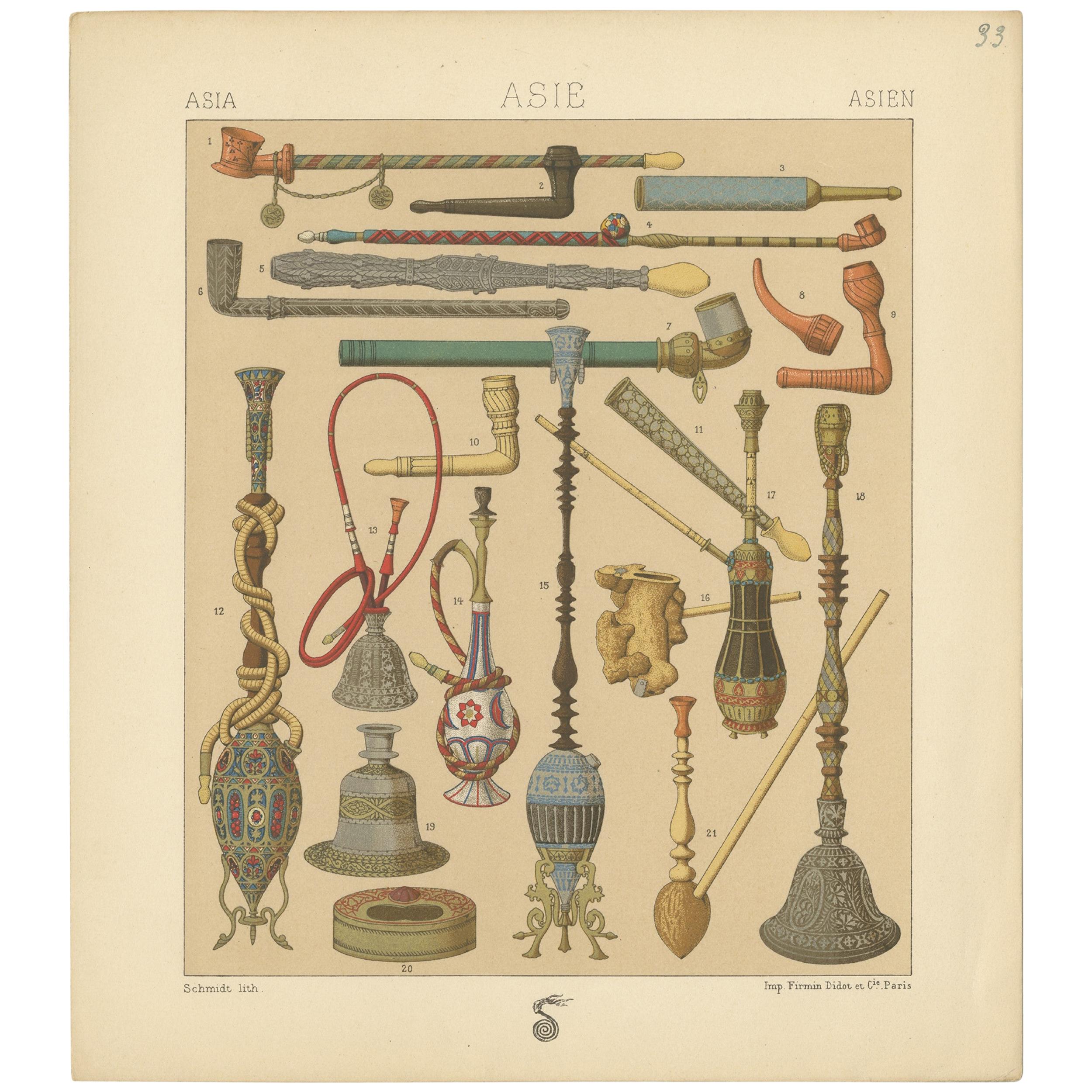 Pl. 33 Antique Print of Asian Smoking Pipes by Racinet, 'circa 1880'
