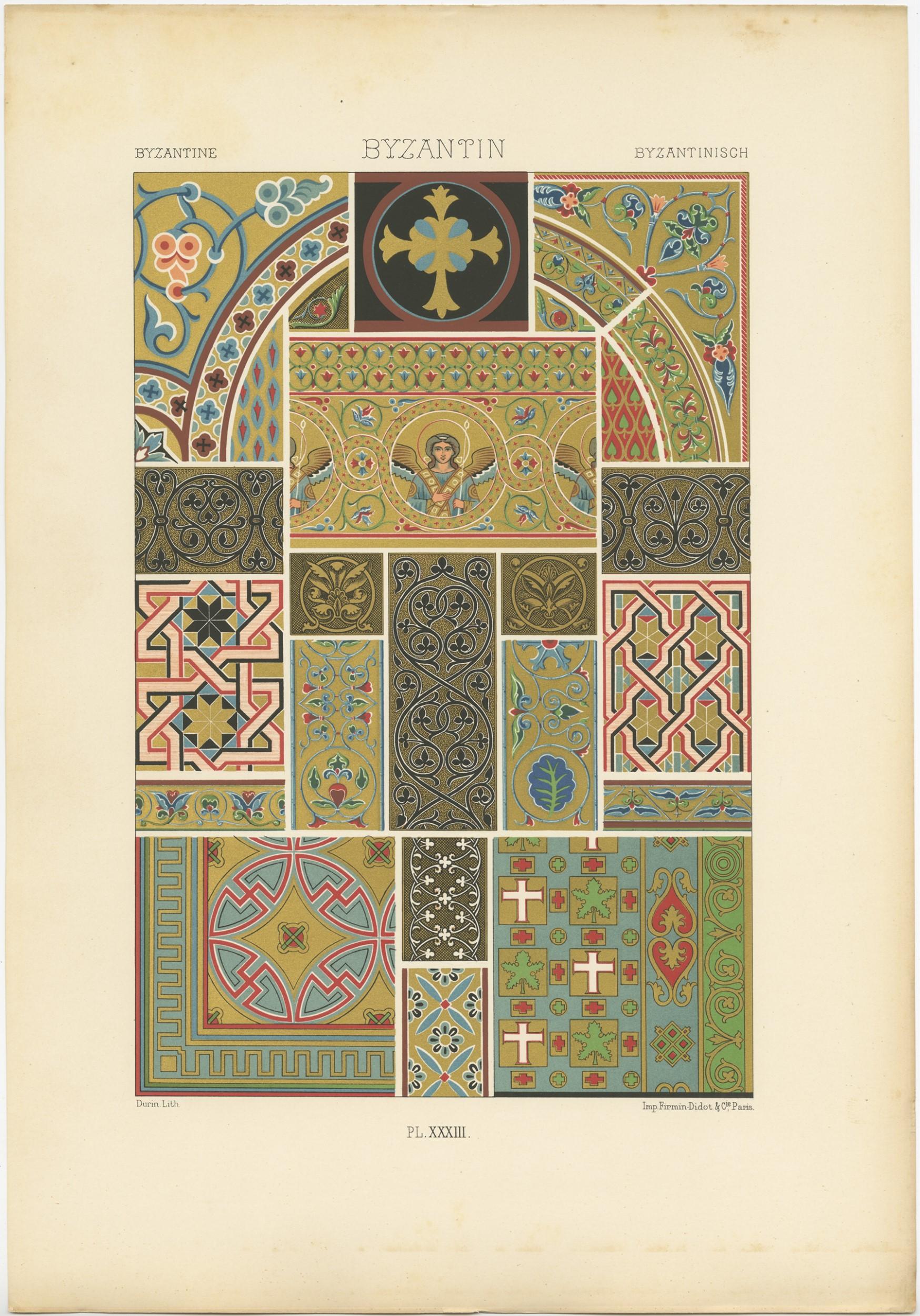 Antique print titled 'Byzantine - Byzantin - Byzantinisch'. Chromolithograph of Byzantine ornaments and decorative arts. This print originates from 'l'Ornement Polychrome' by Auguste Racinet. Published circa 1890.