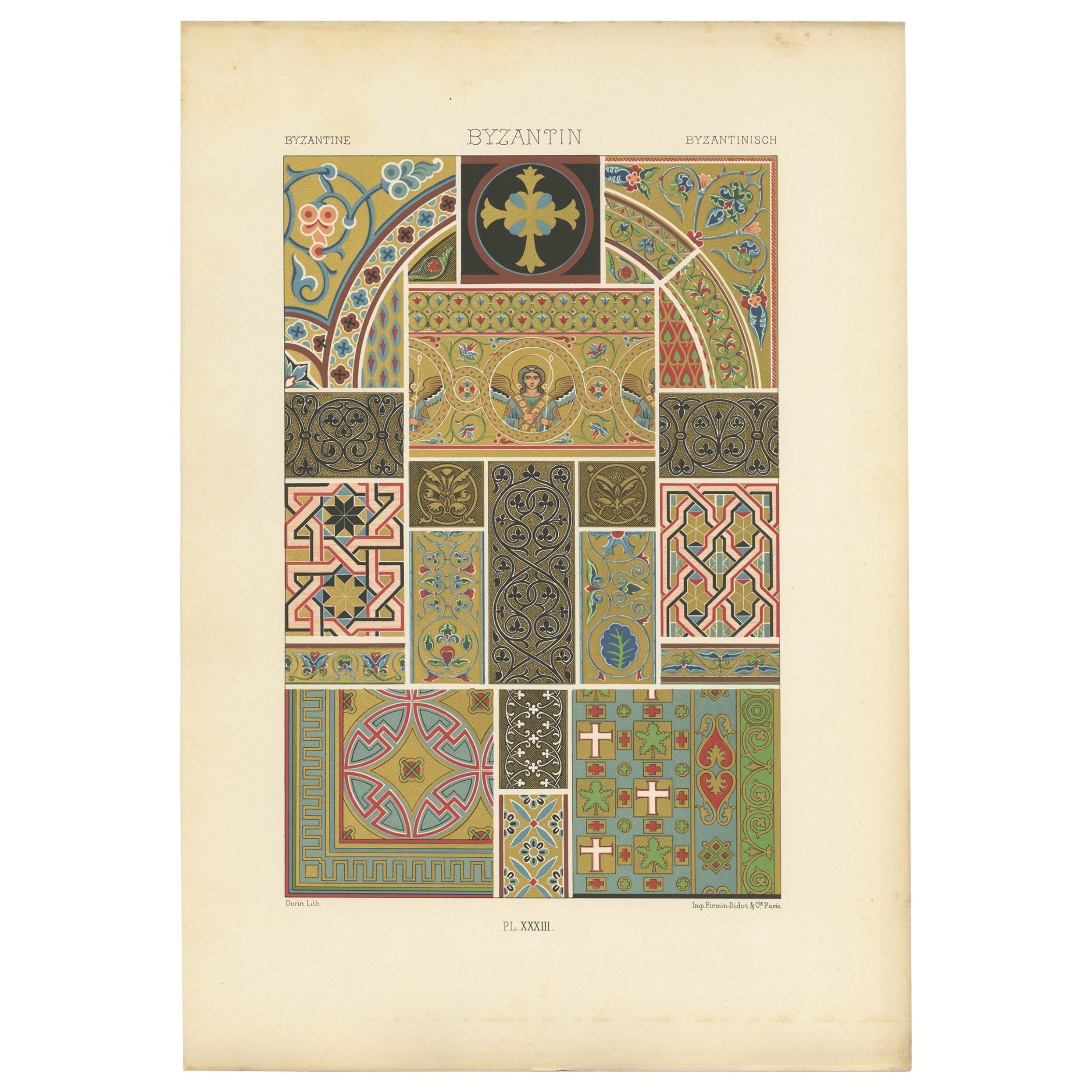 Pl. 33 Antique Print of Byzantine Ornaments by Racinet, circa 1890 For Sale