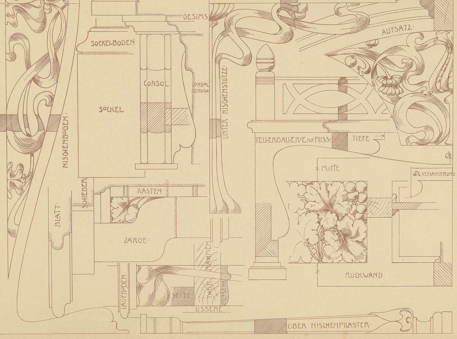 Antique print titled 'Details z. Credenz zu Tafel'. Lithograph of furniture details. This print originates from 'Det Moderna Hemmet' by Johannes Kramer. Published by Ferdinand Hey'l, circa 1910.