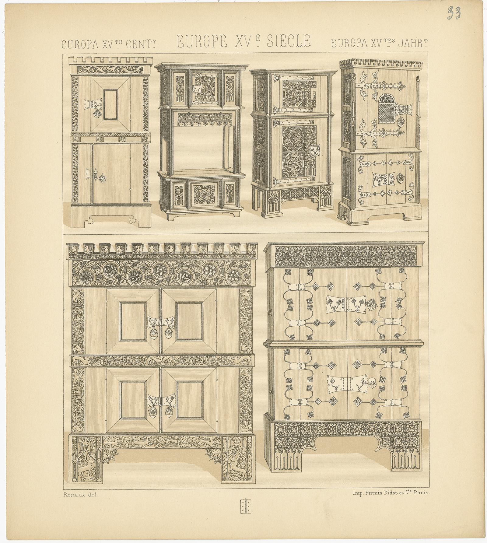 Antique print titled 'Europa 15th century - Europe XVe, Siecle - Europa XVtes Jahr'. Chromolithograph of European 15th century furniture. This print originates from 'Le Costume Historique' by M.A. Racinet. Published circa 1880.