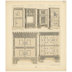 Impression ancienne de meubles européens du 15e siècle Pl. 33 par Racinet, vers 1880