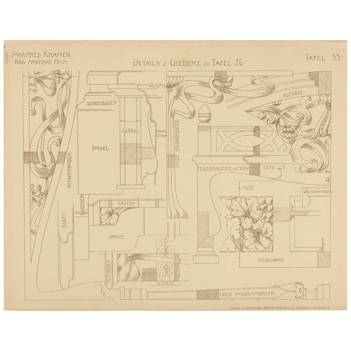 Pl. 33 Antique Print of Furniture Details by Kramer, circa 1910