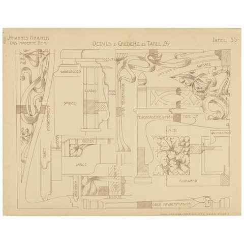 Pl. 33 Antique Print of Furniture Details by Kramer, circa 1910