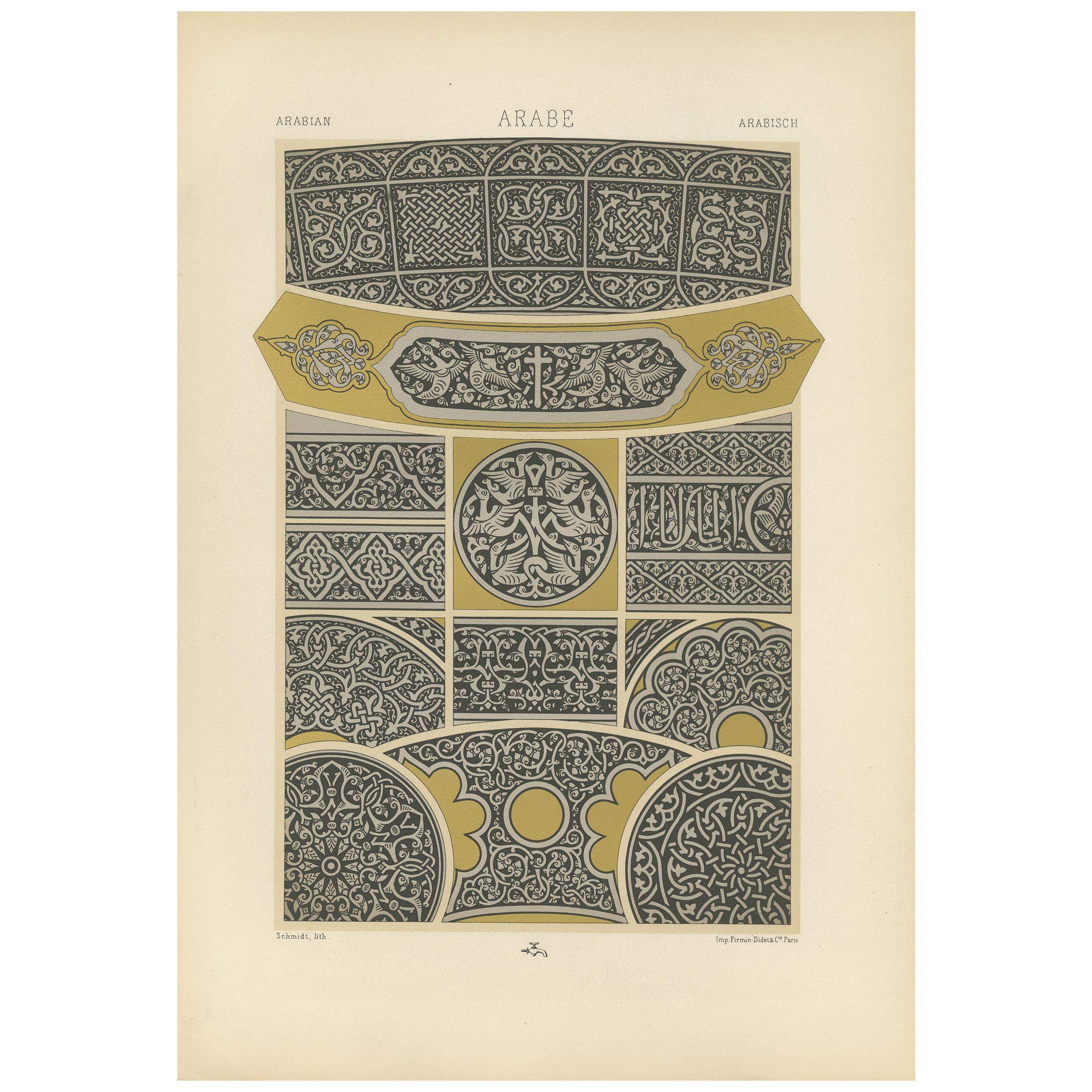 Pl. 34 Antique Print of Arabian Motifs Damascened Metalwork by Racinet For Sale