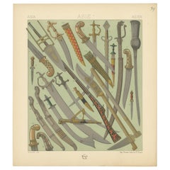 Pl. 34 Antique Print of Asian Swords by Racinet, 'circa 1880'