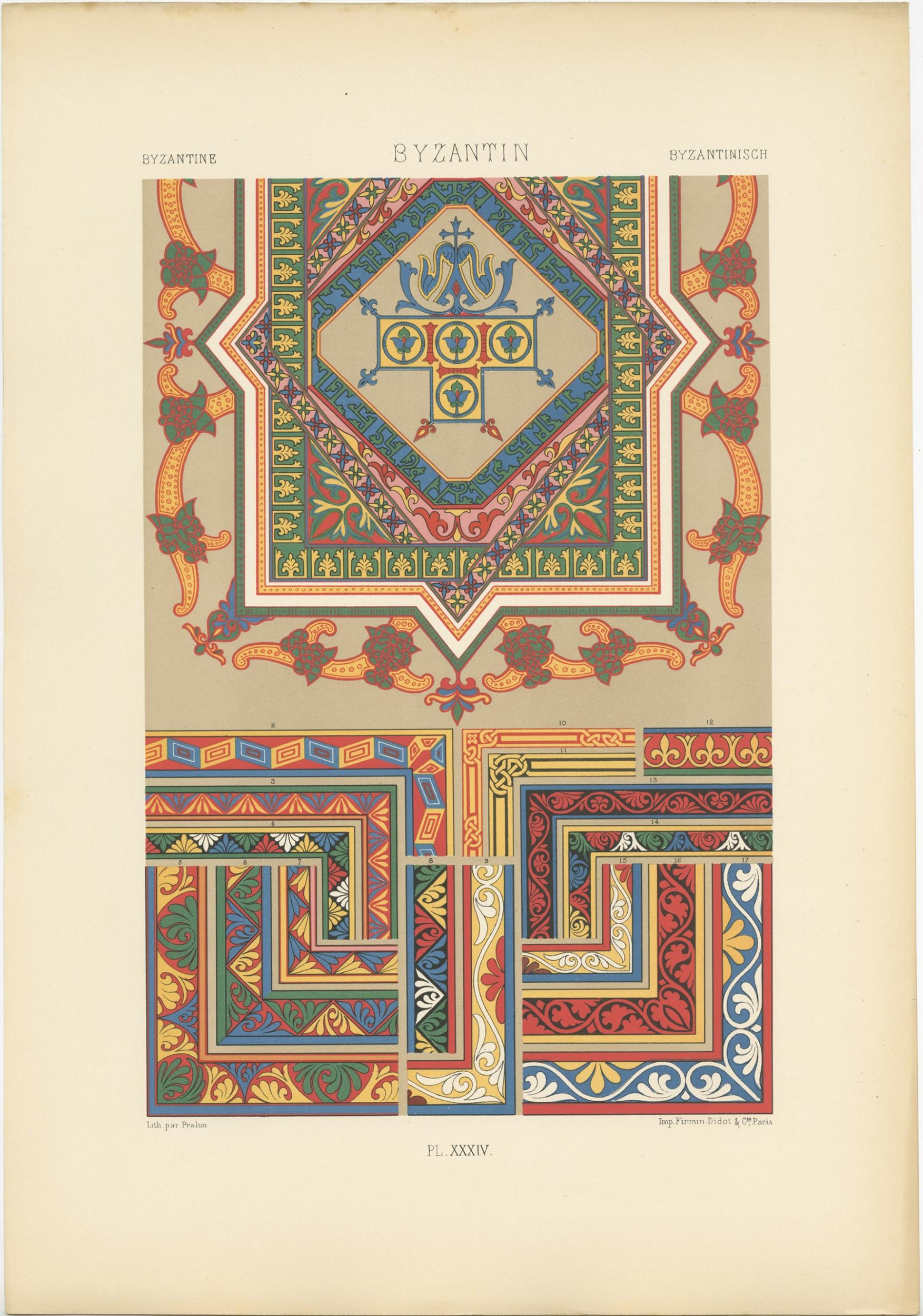 Antique print titled 'Byzantine - Byzantin - Byzantinisch'. Chromolithograph of Byzantine ornaments and decorative arts. This print originates from 'l'Ornement Polychrome' by Auguste Racinet. Published circa 1890.