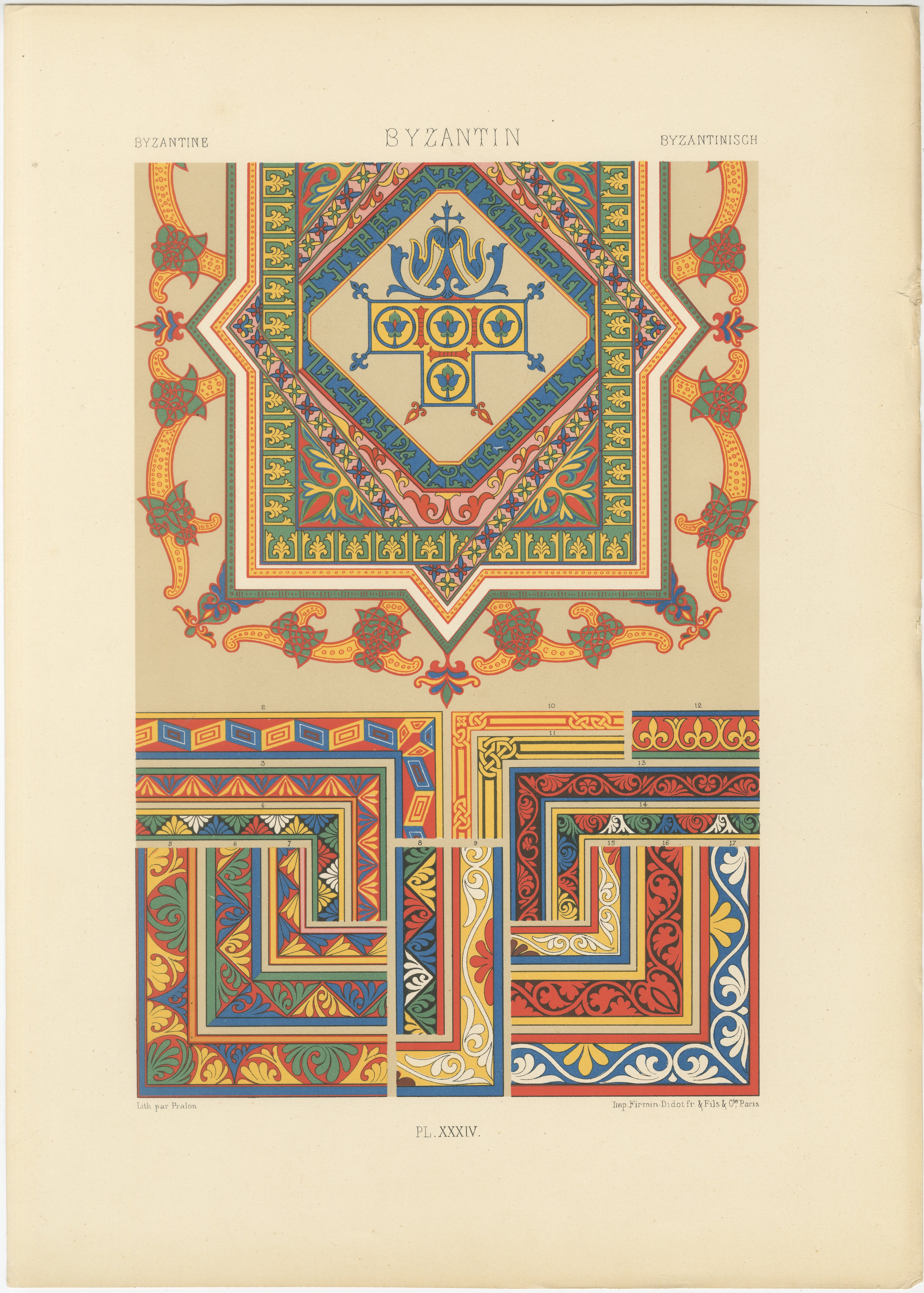 Pl. 34 Grabado antiguo de ornamentos bizantinos de Racinet (c.1890)