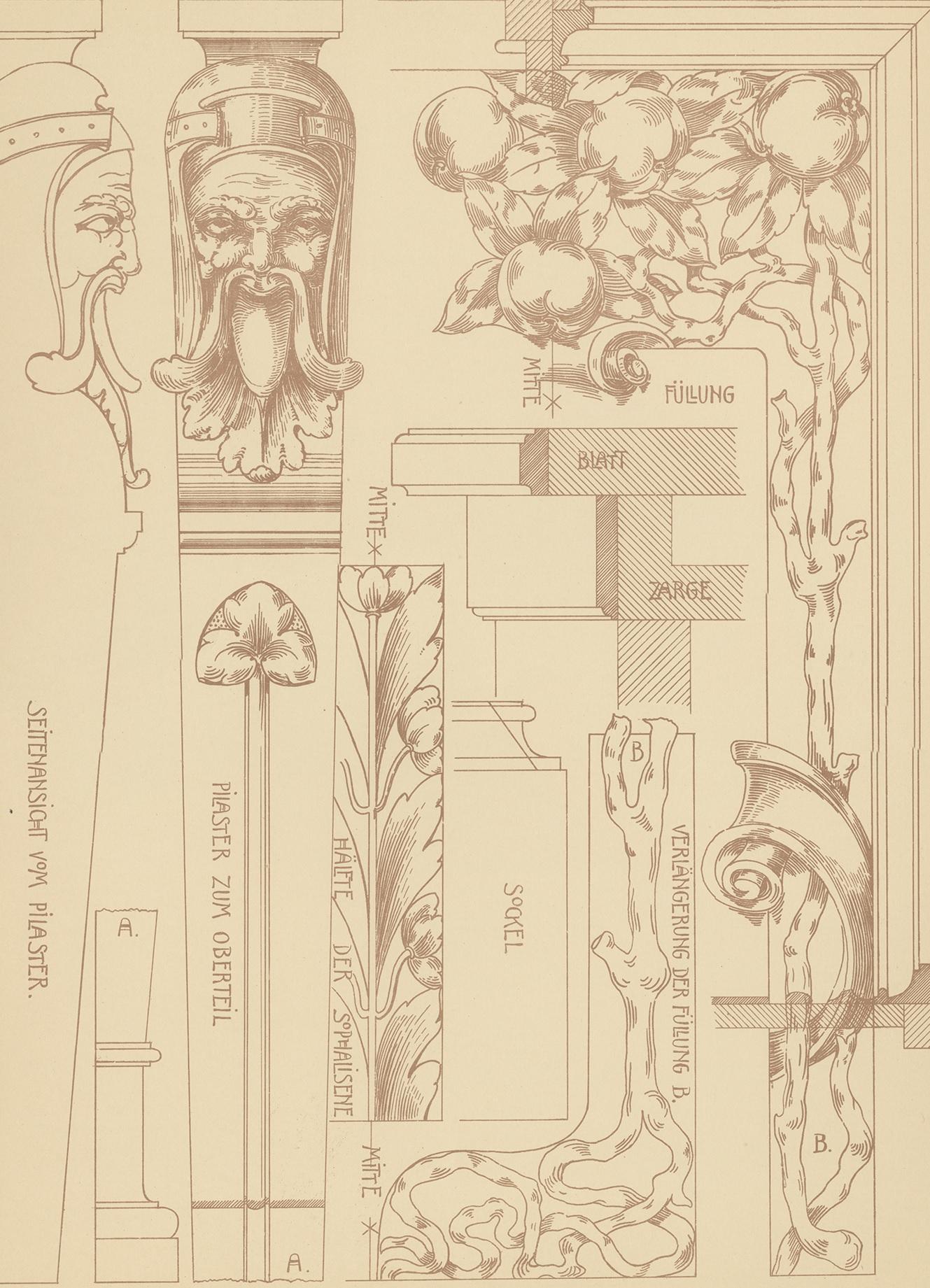 Pl. 34 Antique Print of Furniture Details by Kramer, circa 1910 In Good Condition For Sale In Langweer, NL
