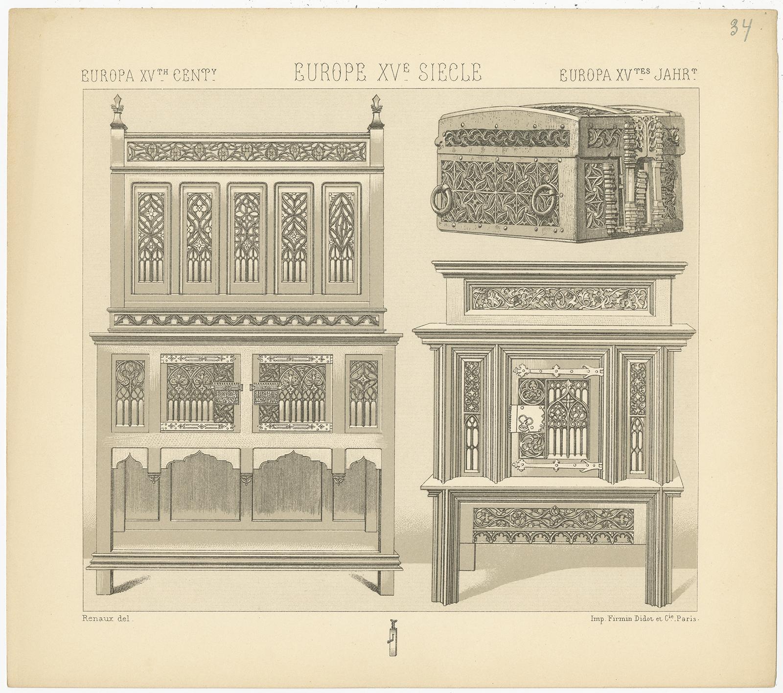 Antique print titled 'Europa XVth Cent - Europe XVe, Siecle - Europa XVtes Jahr'. Chromolithograph of European 15th century furniture. This print originates from 'Le Costume Historique' by M.A. Racinet. Published circa 1880.