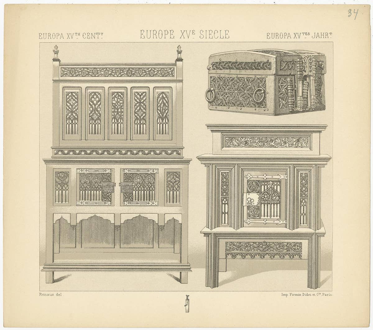 Pl. 34 Antique Print of European 15th Century Furniture by Racinet, circa 1880