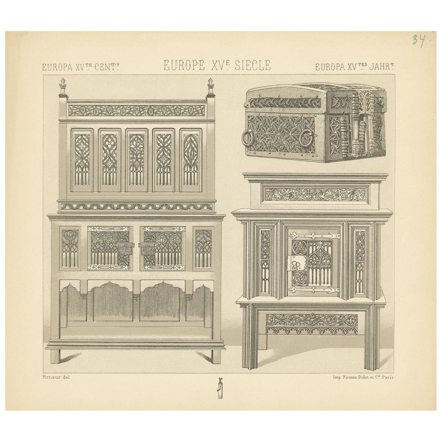 Pl. 34 Antique Print of European 15th Century Furniture by Racinet, circa 1880 For Sale