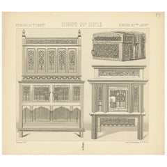 Pl. 34 Antique Print of European 15th Century Furniture by Racinet, circa 1880