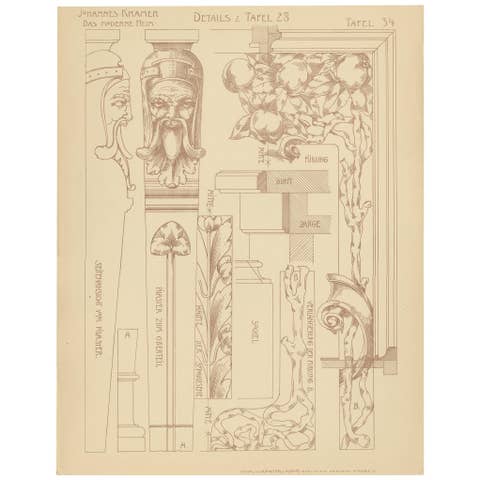 Pl. 34 Antique Print of Furniture Details by Kramer, circa 1910