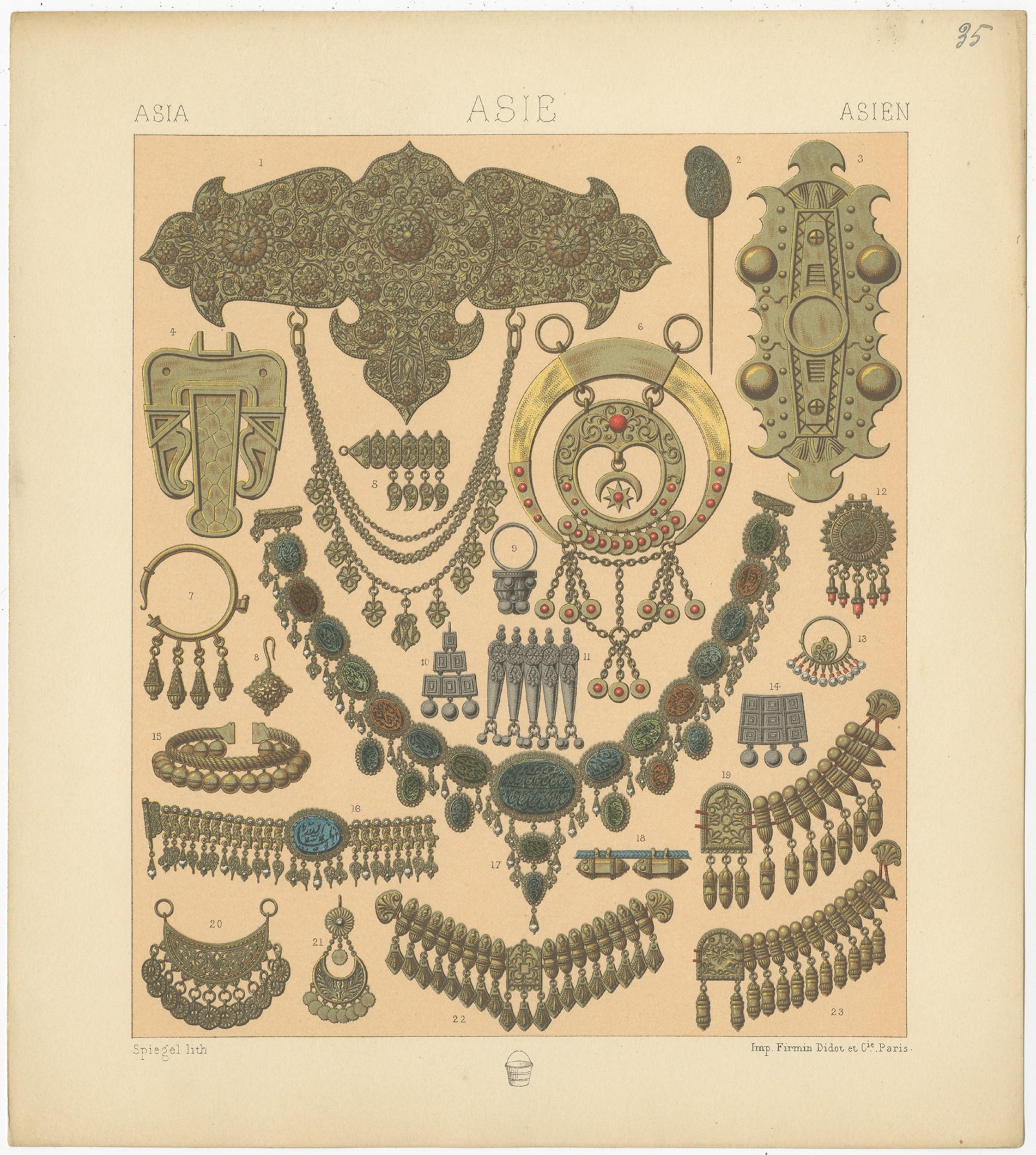 Antique print titled 'Asia - Asie - Asien'. Chromolithograph of Asian Jewelry. This print originates from 'Le Costume Historique' by M.A. Racinet. Published, circa 1880.
