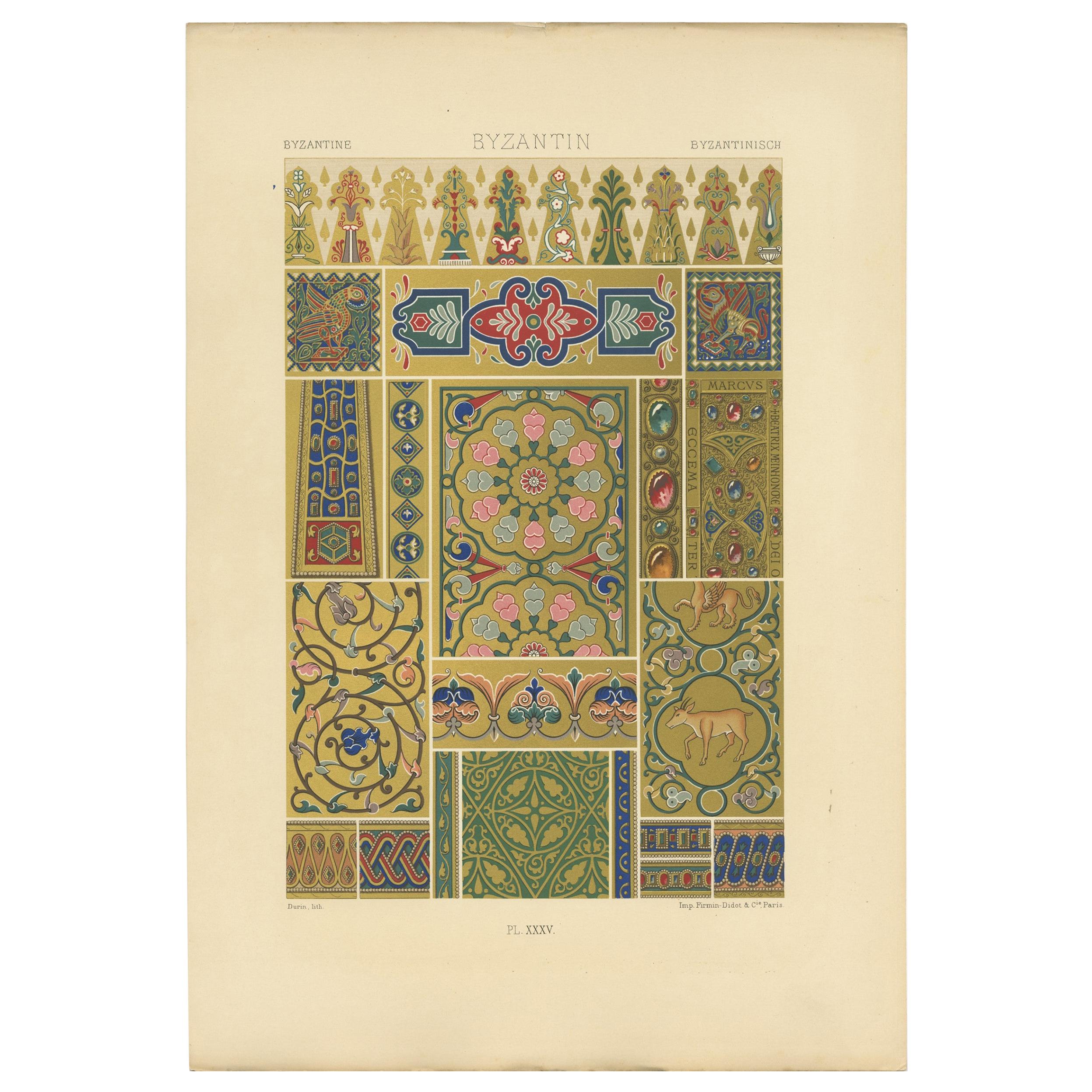 Antique Print of Byzantine Ornaments by Racinet, circa 1890 For Sale