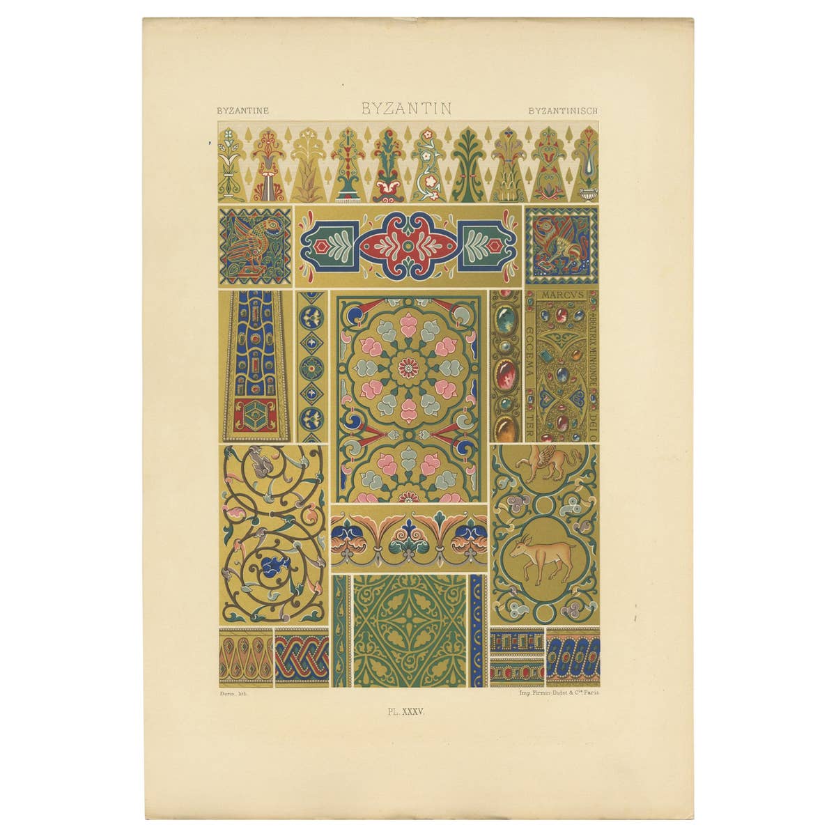 Antique Print of Byzantine Ornaments by Racinet, circa 1890