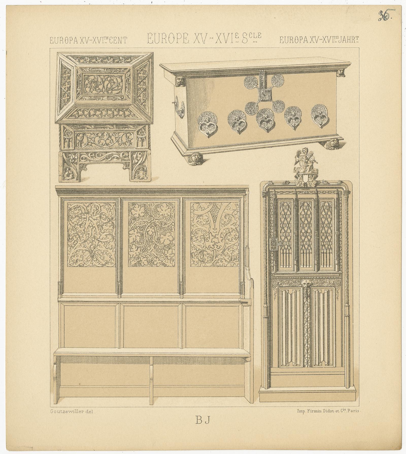 Pl 35 Antique Print of European 15th-16th Century Furniture by Racinet In Good Condition For Sale In Langweer, NL