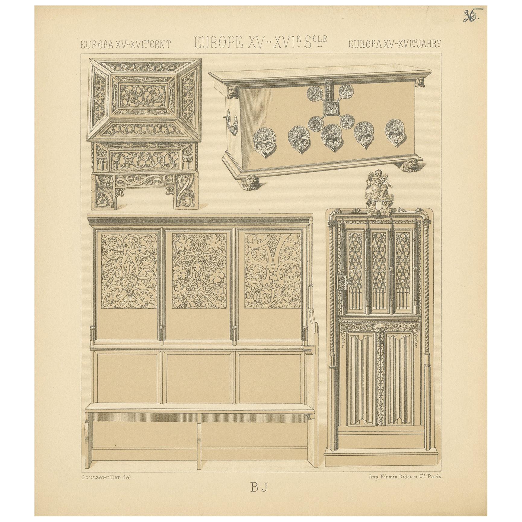 Pl 35 Antique Print of European 15th-16th Century Furniture by Racinet