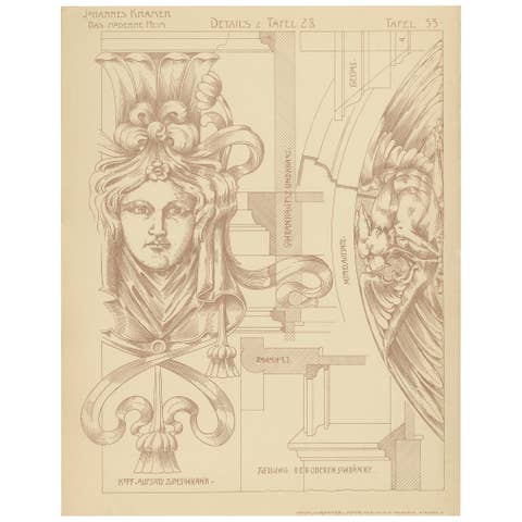 Pl. 35 Antique Print of Furniture Details by Kramer 'circa 1910'