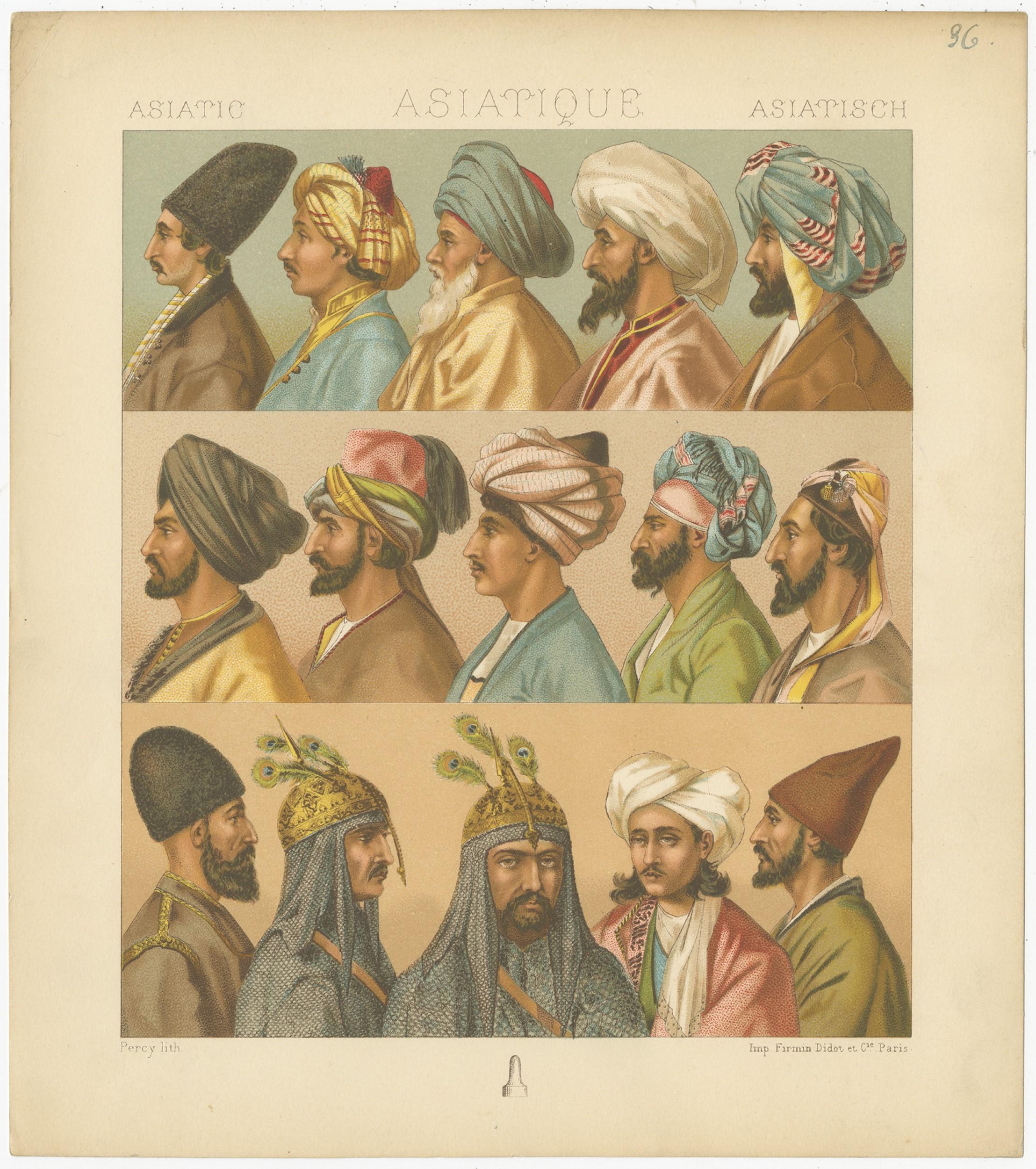 Antique print titled 'Asiatic - Asiatique - Asiatisch'. Chromolithograph of Asiatic Headwear. This print originates from 'Le Costume Historique' by M.A. Racinet. Published, circa 1880.