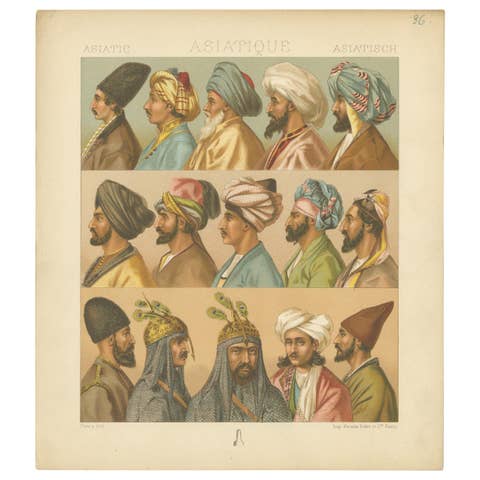 Pl. 36 Antique Print of Asiatic Headwear by Racinet, 'circa 1880'