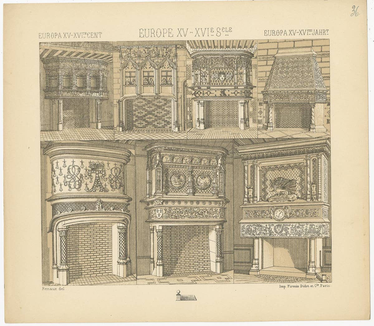 Pl. 36 Print of European 15th-16th Century Fireplaces by Racinet, circa 1880