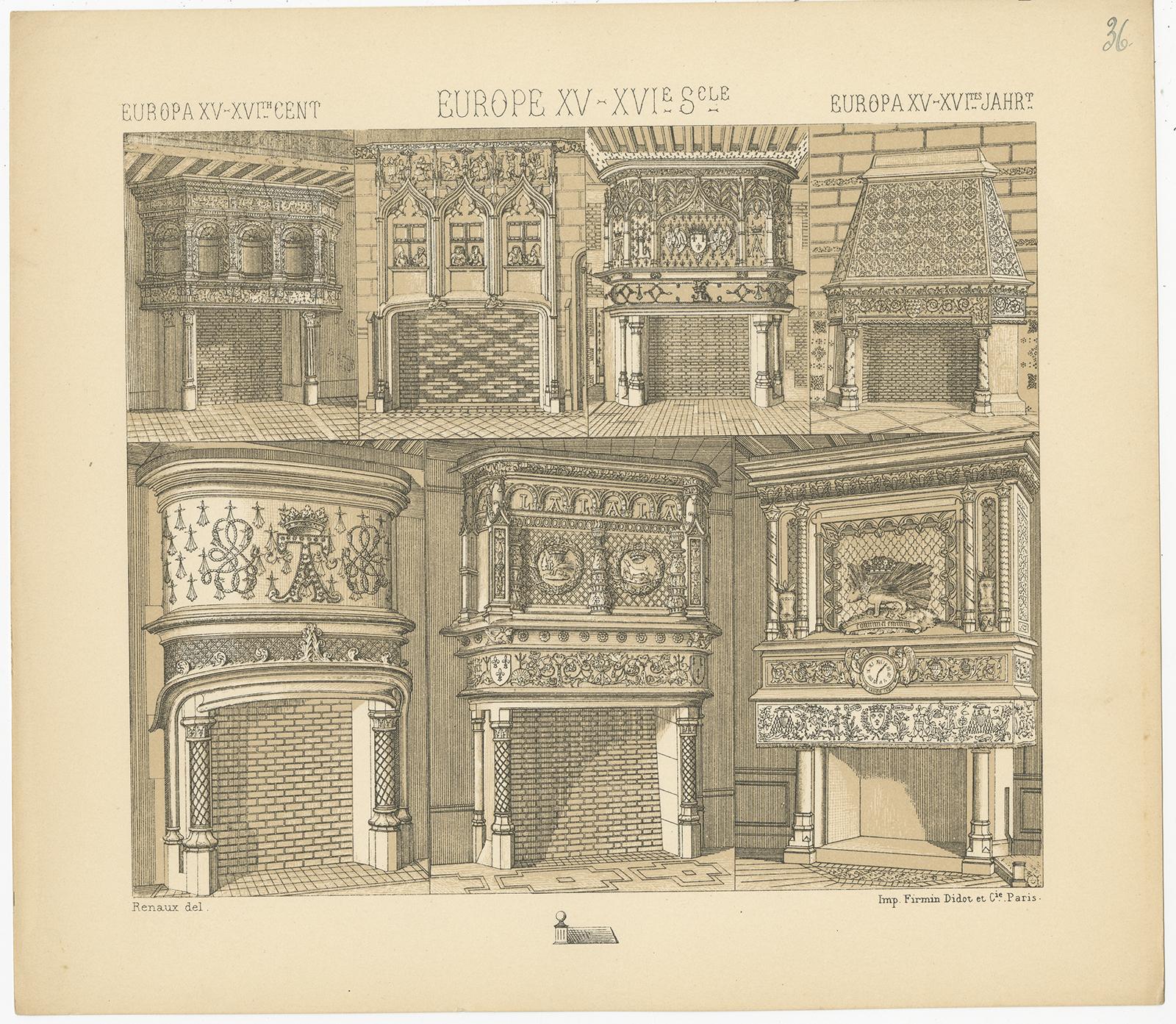 Pl. 36 Print of European 15th-16th Century Fireplaces by Racinet, circa 1880 In Good Condition For Sale In Langweer, NL