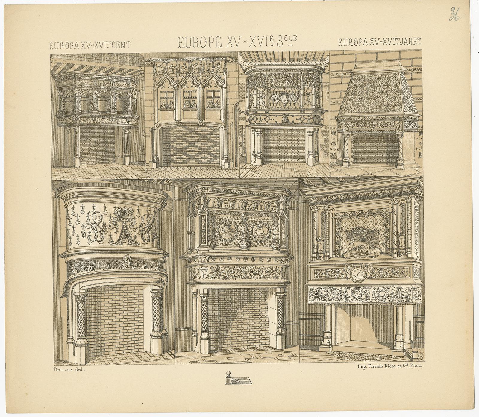 Impression Pl. 36 de cheminées européennes du 15e-16e siècle par Racinet, vers 1880 Bon état - En vente à Langweer, NL