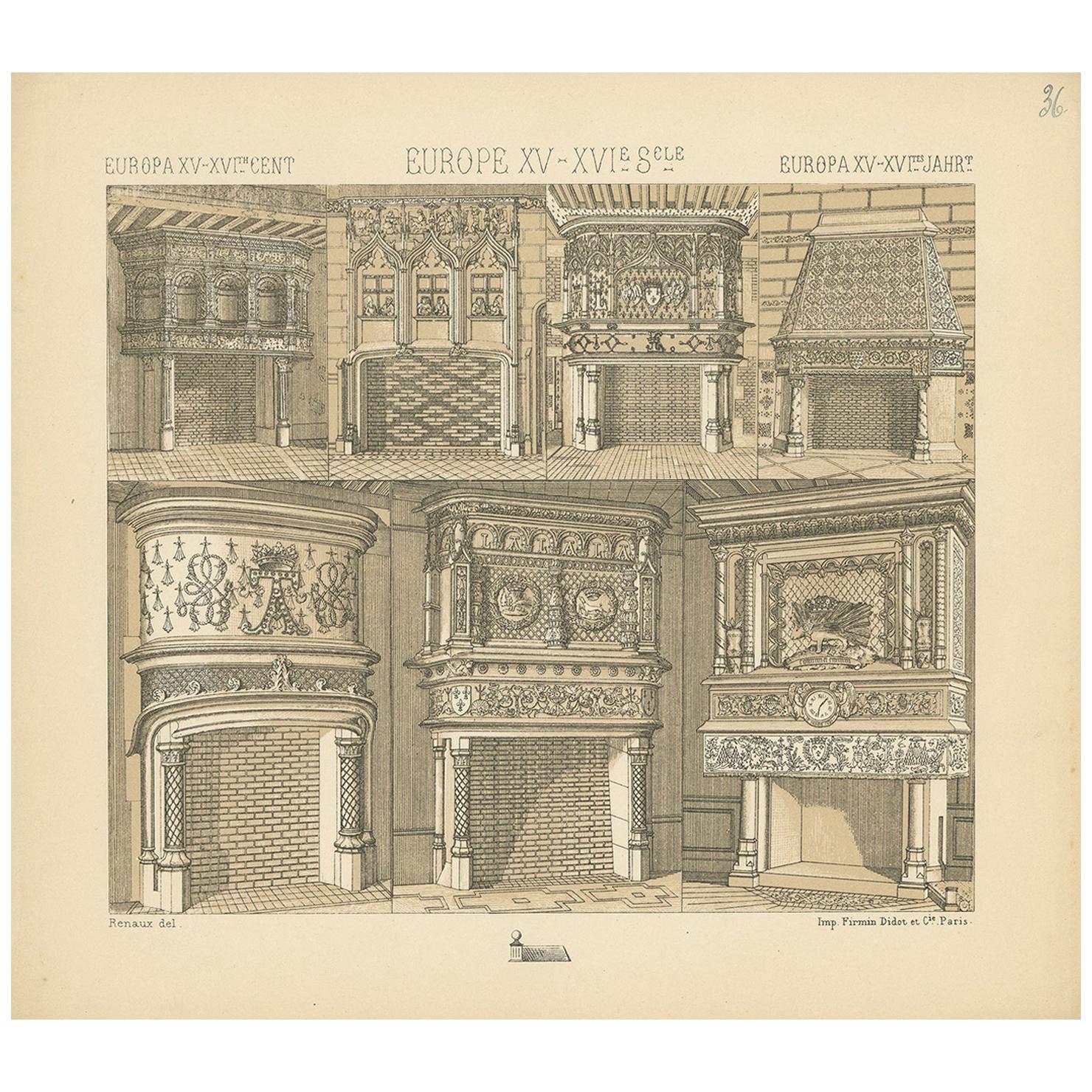 Pl. 36 Print of European 15th-16th Century Fireplaces by Racinet, circa 1880