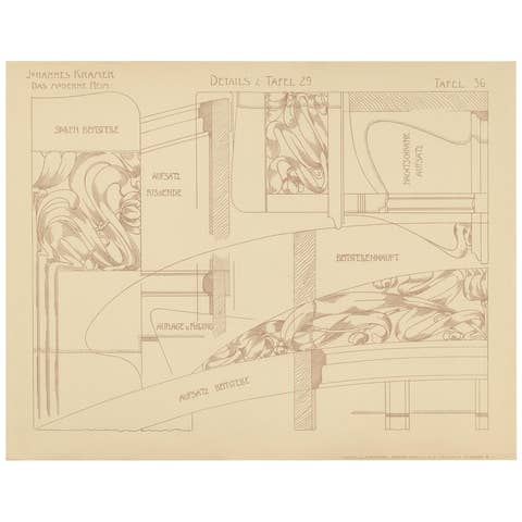 Pl. 36 Antique Print of Furniture Details by Kramer, circa 1910