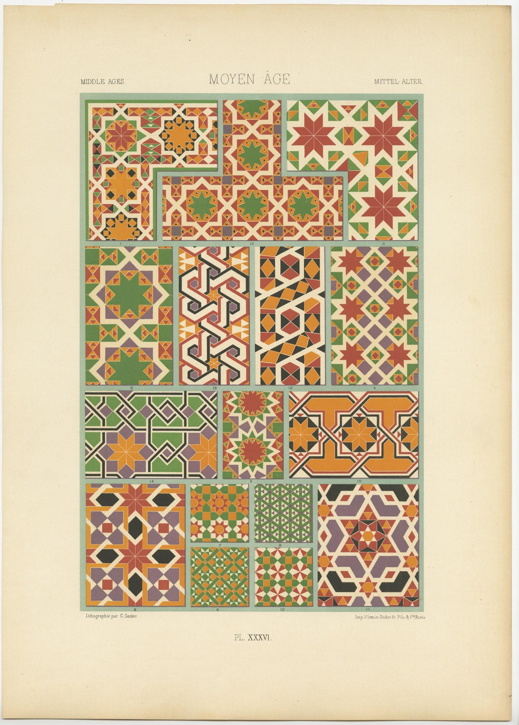 Antique print titled 'Middles Ages - Moyen Âges - Mittle Alter'. Chromolithograph of Middles Ages ornaments and decorative arts. This print originates from 'l'Ornement Polychrome' by Auguste Racinet. Published circa 1890.