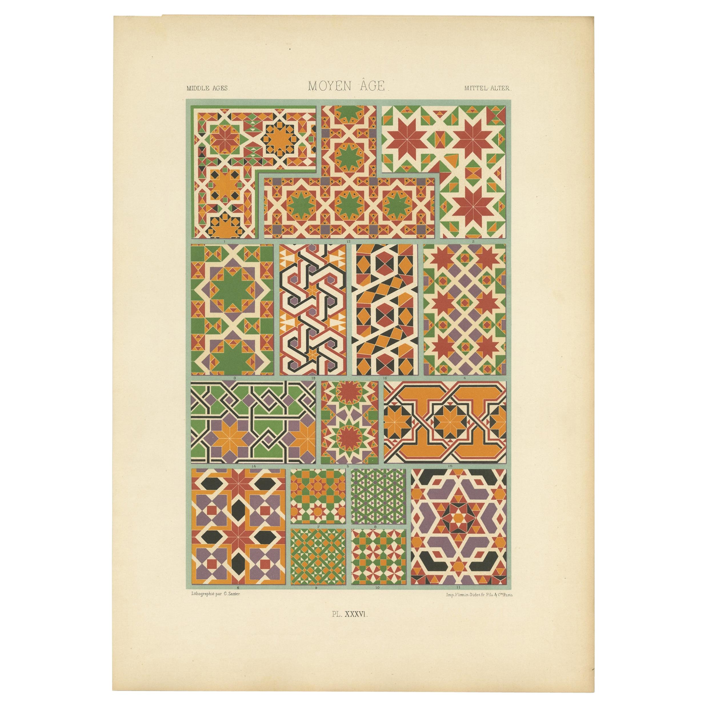 Pl. 36 Antique Print of Middles Ages Ornaments by Racinet (c.1890) For Sale