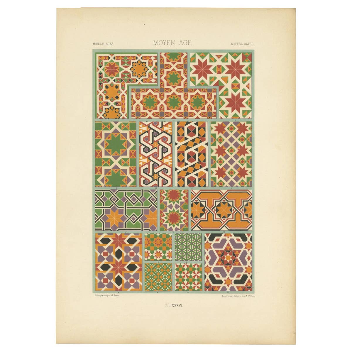 Pl. 36 Antique Print of Middles Ages Ornaments by Racinet (c.1890)