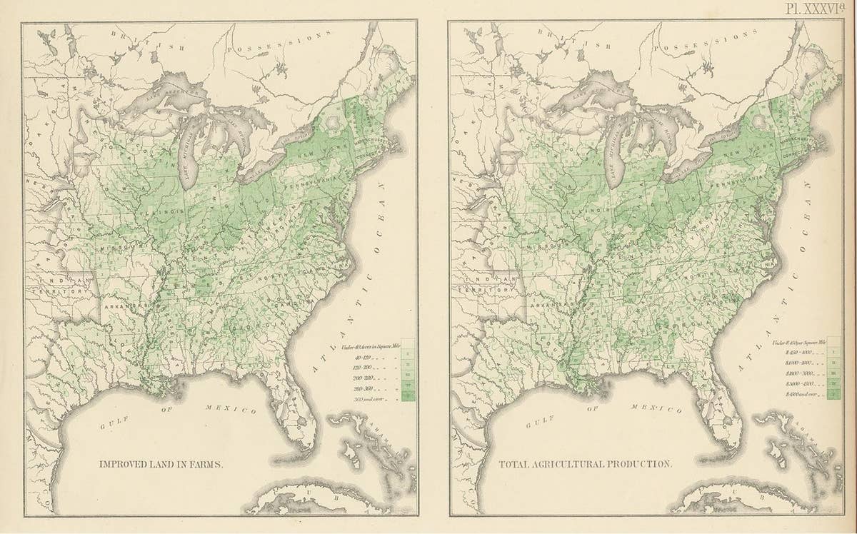 Pl. 36A Antique Chart of US Farms, Agriculture and Crops '1874'