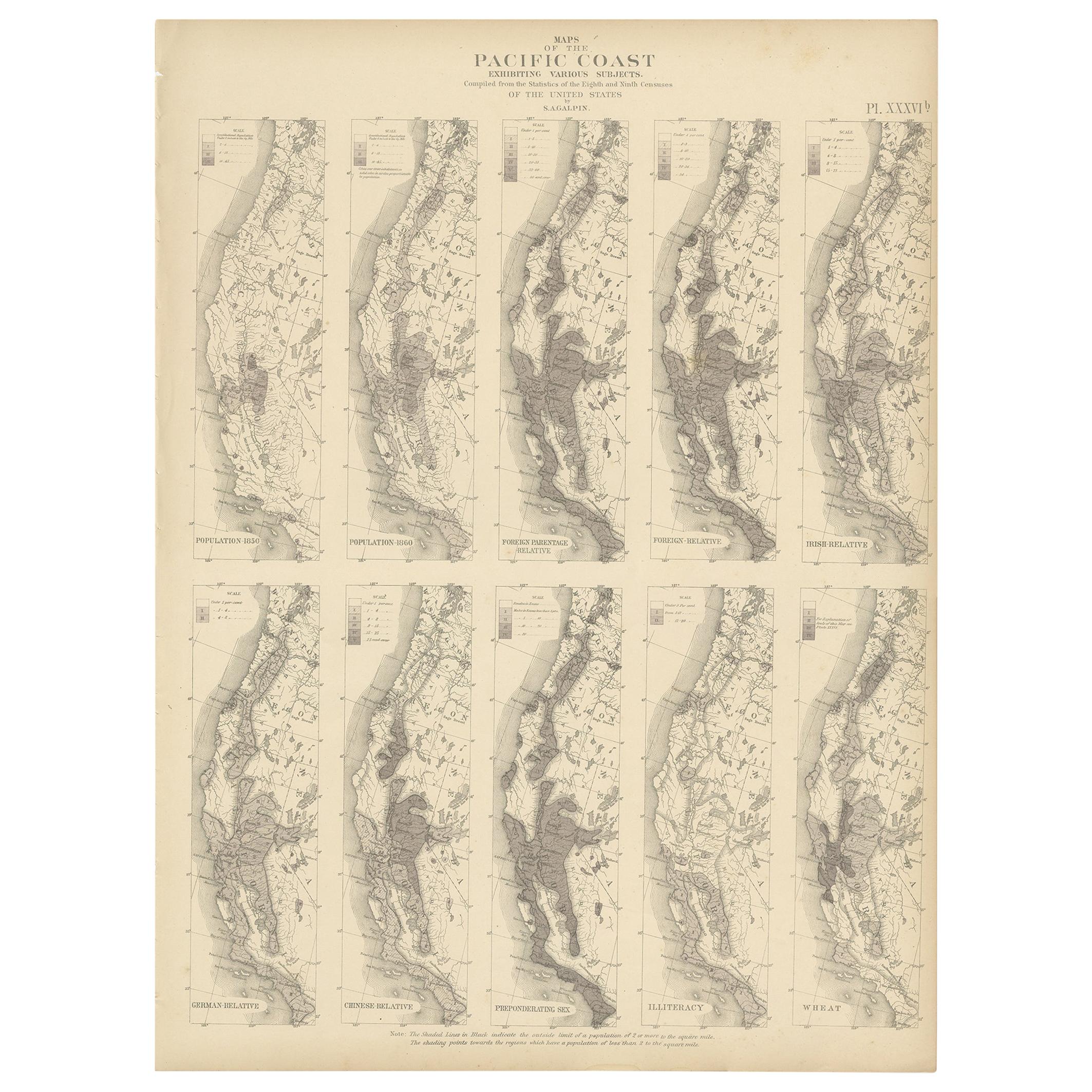 Antique Chart of the Pacific Coast '1874' For Sale
