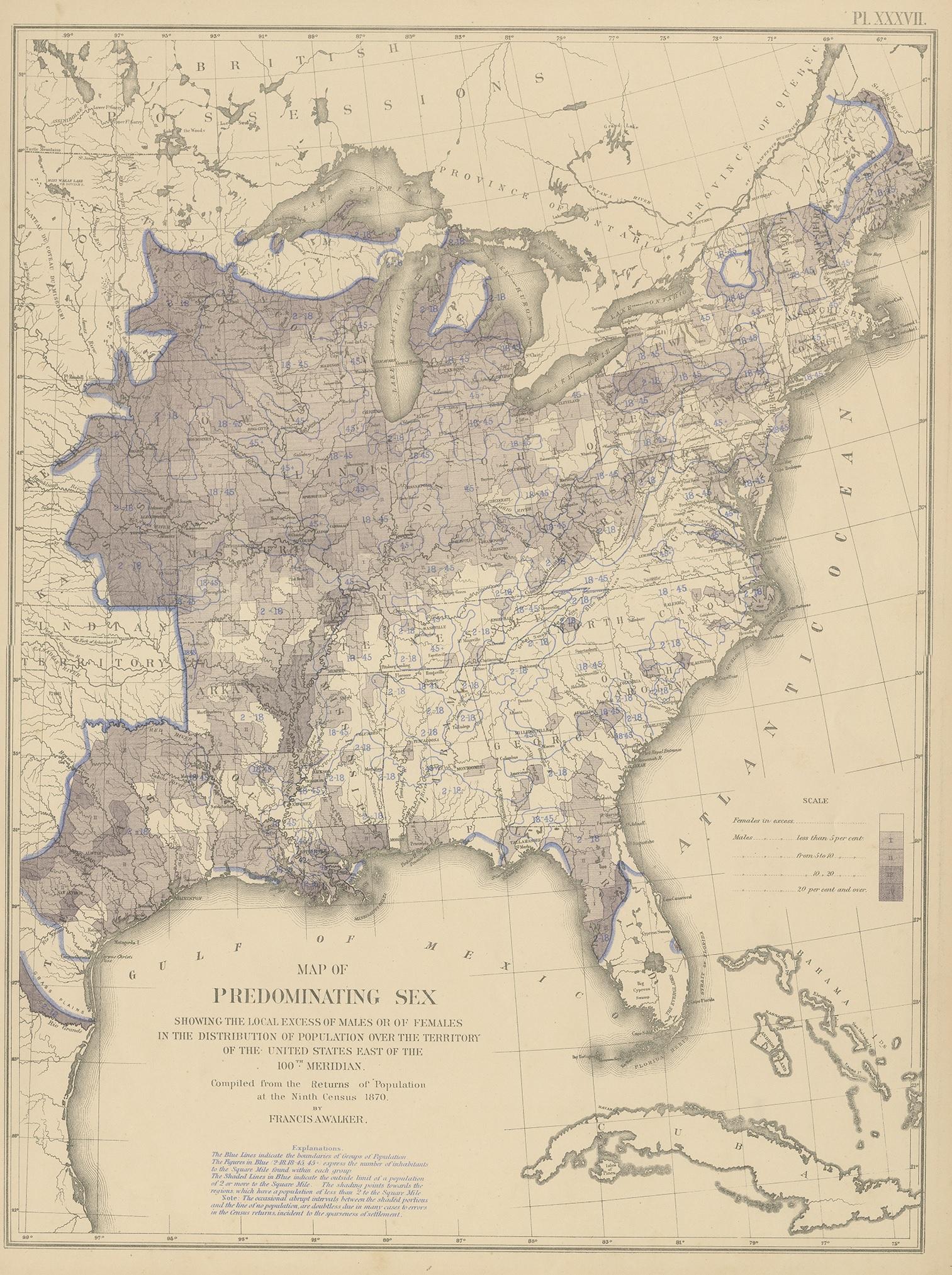 Antique chart titled 'Map of predominating sex showing the local excess of males or of females in the distribution of population over the territory of the United States east of the 100th Meridian. Compiled from the statistics of population at the