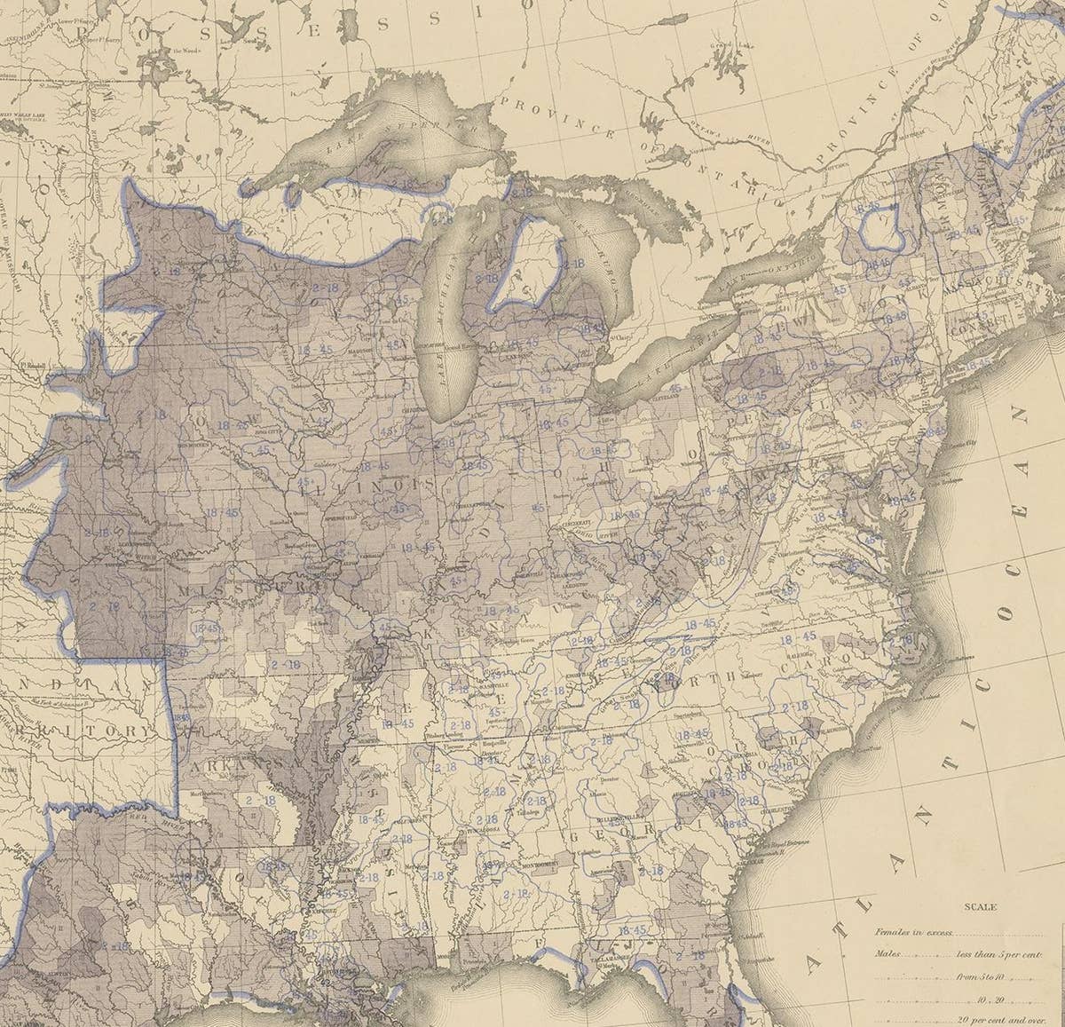 Antique Chart of the US Predominating Sex, 1874
