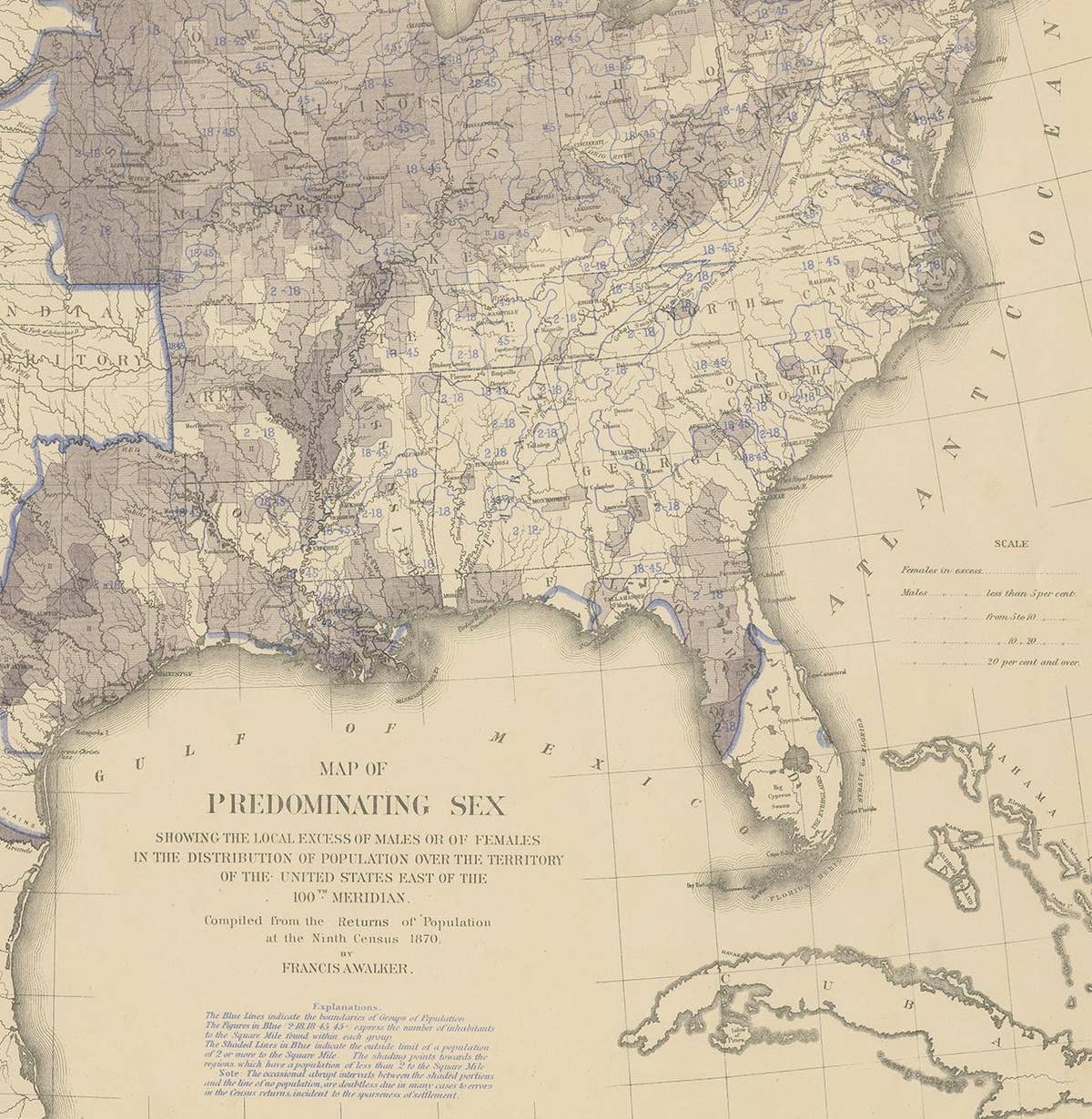 Antique Chart of the US Predominating Sex, 1874