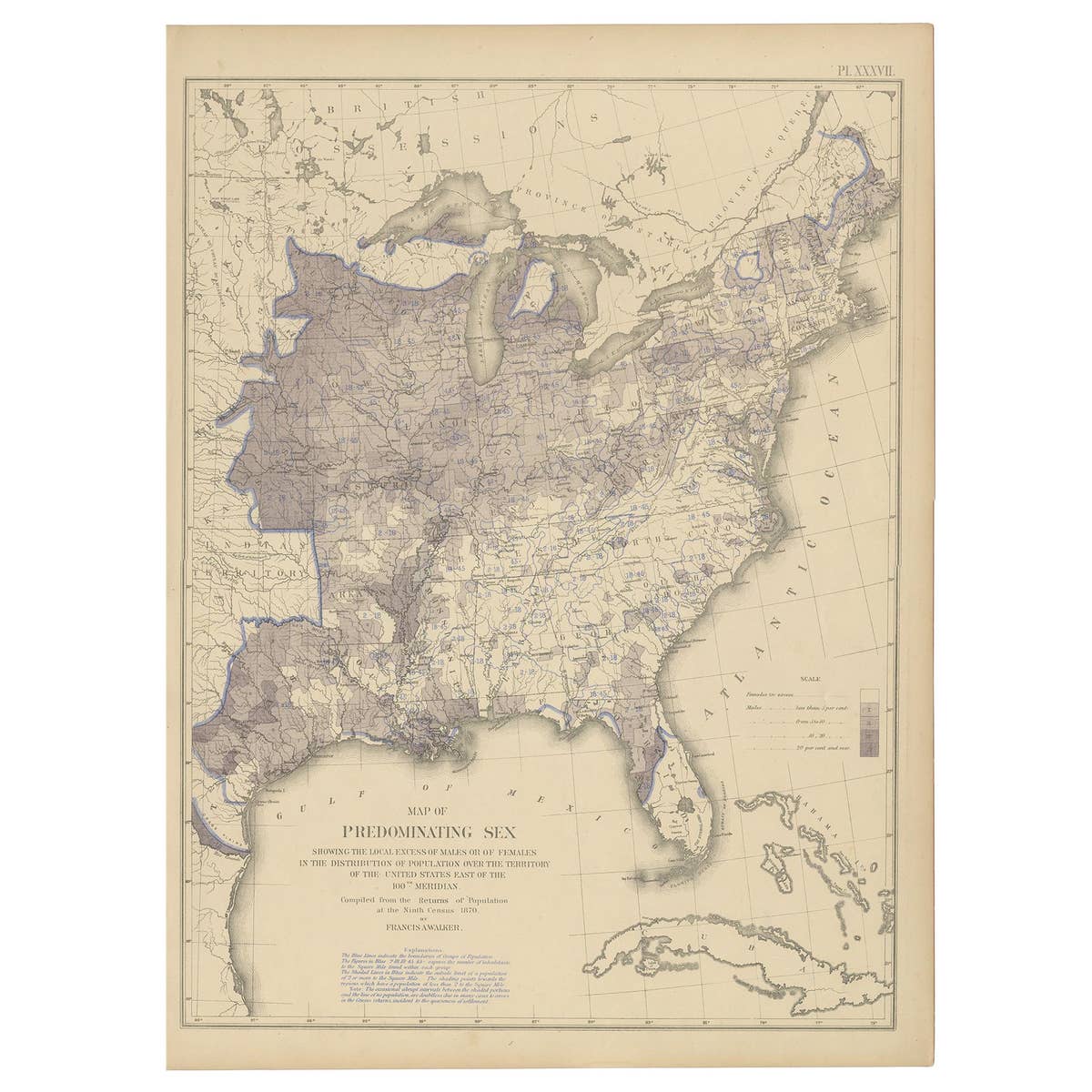 Antique Chart of the US Predominating Sex, 1874